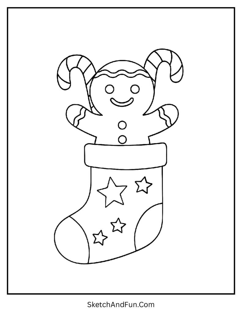 Gingerbread man coloring pages for preschool with a cookie peeking out of a Christmas stocking.