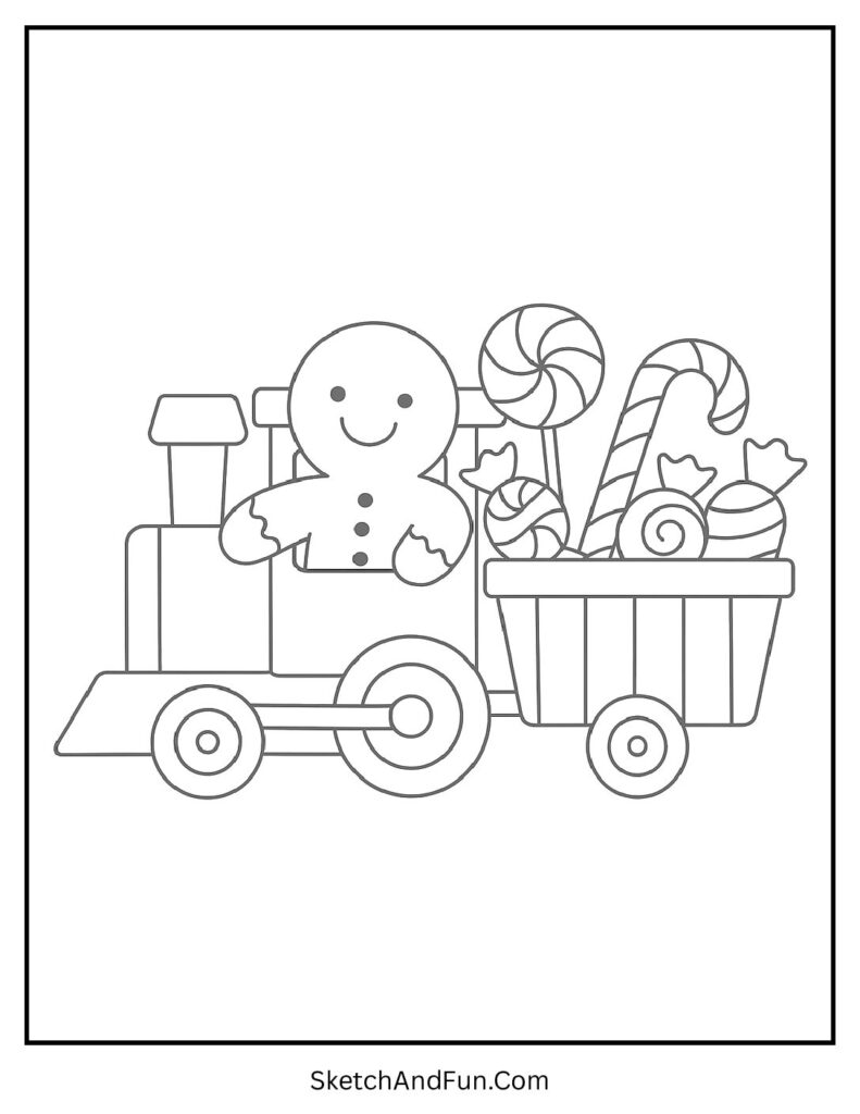 Gingerbread man coloring pages activity sheets showing a cookie riding a candy-filled train.