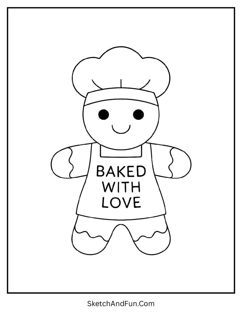 Gingerbread man coloring pages with candy of a chef cookie in apron saying Baked with Love.