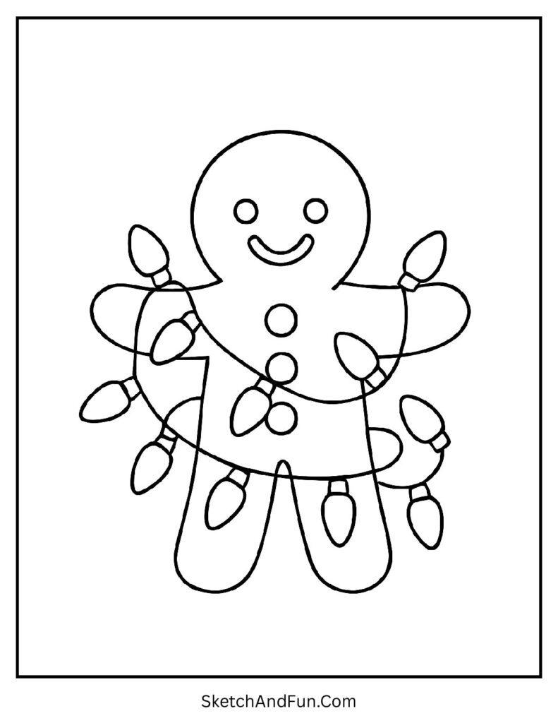 Gingerbread man coloring pages download of a cookie wrapped in glowing Christmas lights.
