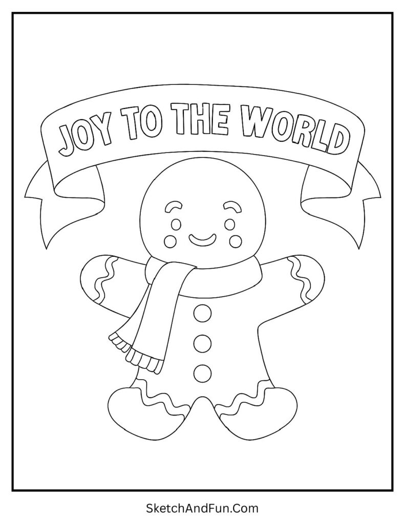 Gingerbread Man with Joy to the World Ribbon Coloring Page pdf
