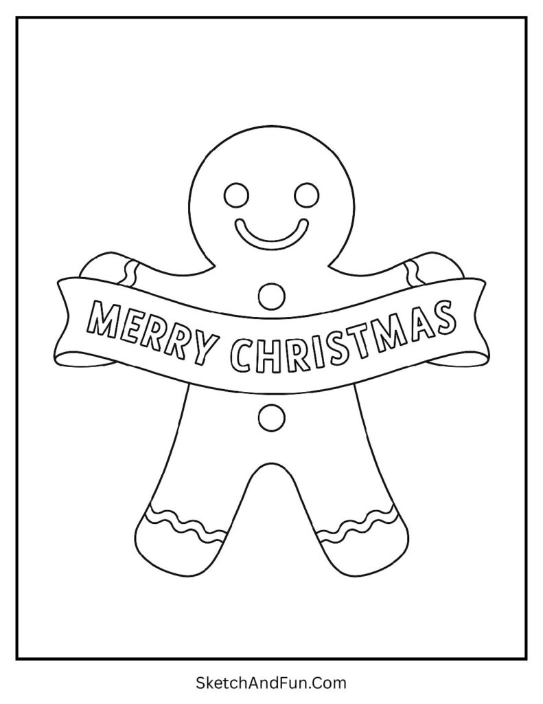 Free gingerbread man coloring pages pdf with a smiling cookie holding a Merry Christmas banner