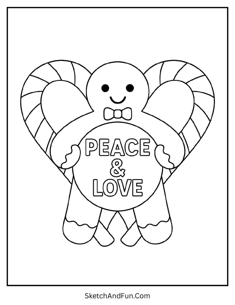 Easy gingerbread man coloring sheet of a cookie framed by candy cane heart with Peace & Love text.