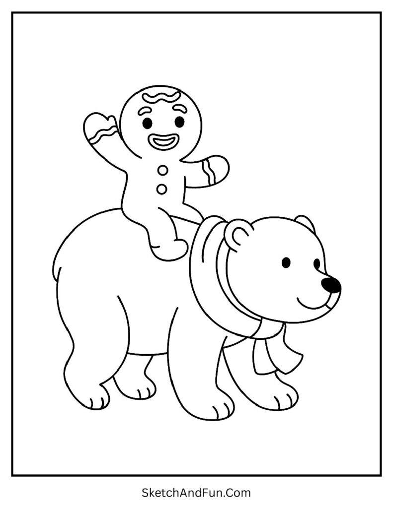 Gingerbread man coloring pages for kids of a cookie riding happily on a polar bear.