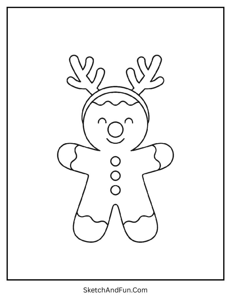 Gingerbread man coloring pages stencil of a cookie wearing reindeer antlers and a red nose.