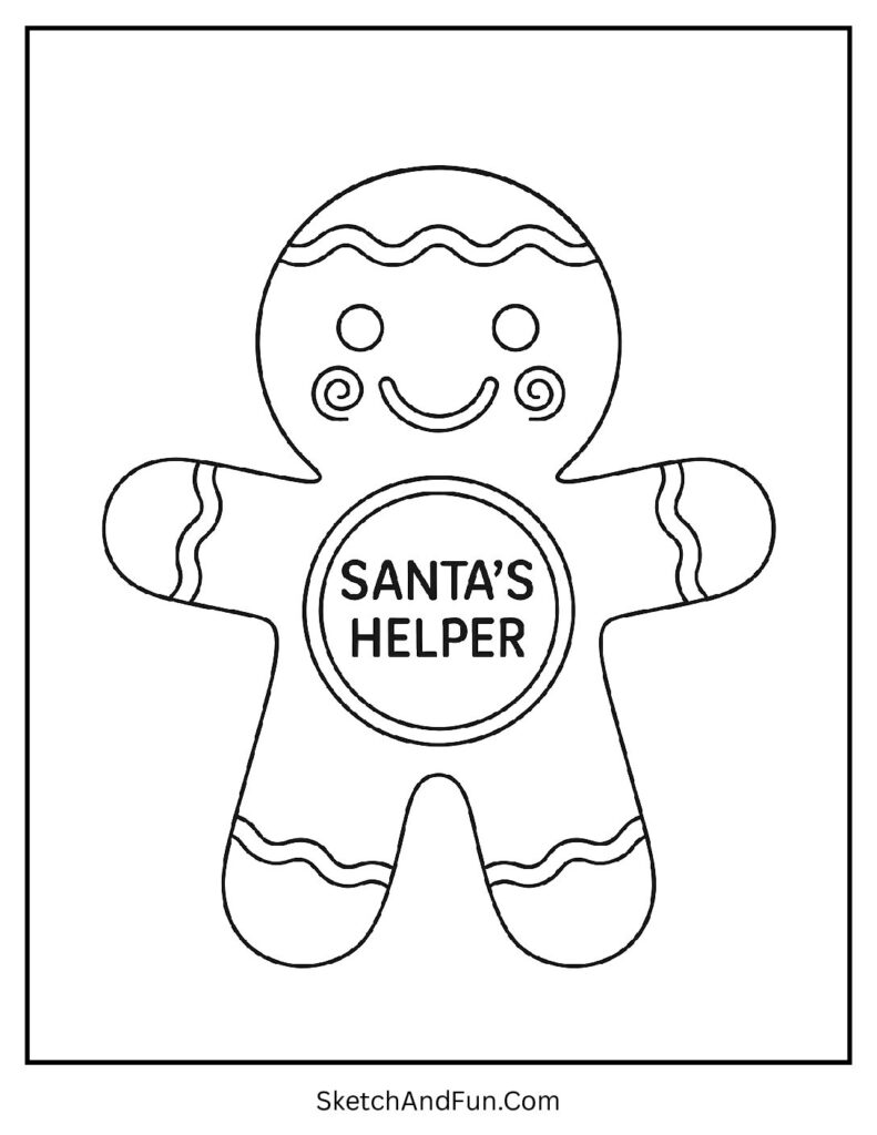 Gingerbread man coloring pages clipart with a cookie wearing a Santa’s Helper badge.
