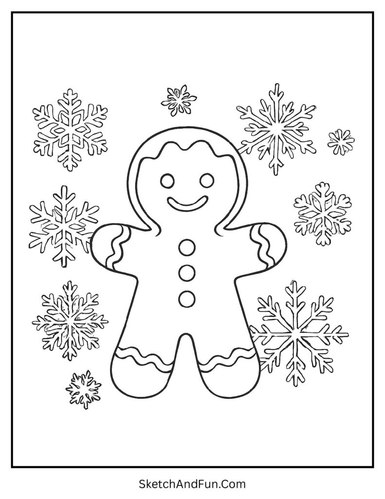 Gingerbread man coloring sheet free featuring a cookie surrounded by falling snowflakes.
