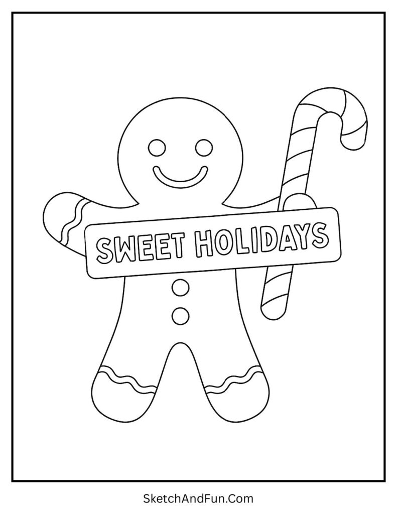 Gingerbread man coloring page easy of a cookie holding a candy cane sign that says Sweet Holidays.