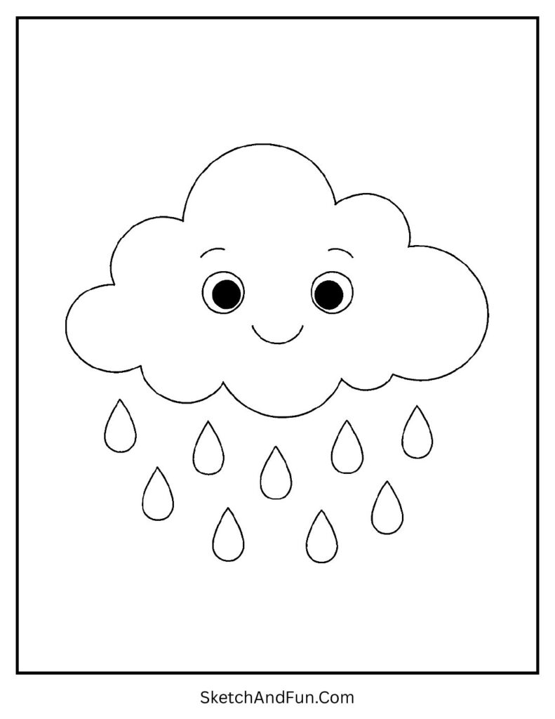 Smiling cloud with raindrops as easy seasonal (spring/autumn) coloring pages.
