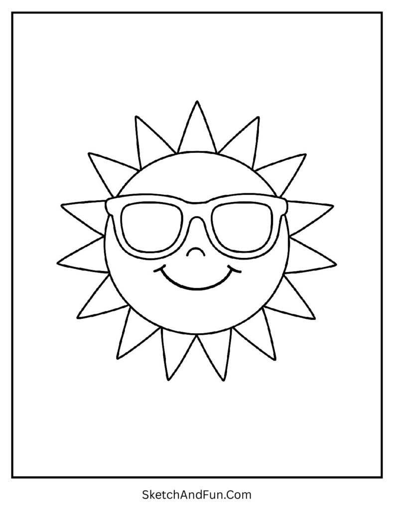 Happy sun with sunglasses made for simple coloring sheets for toddlers.