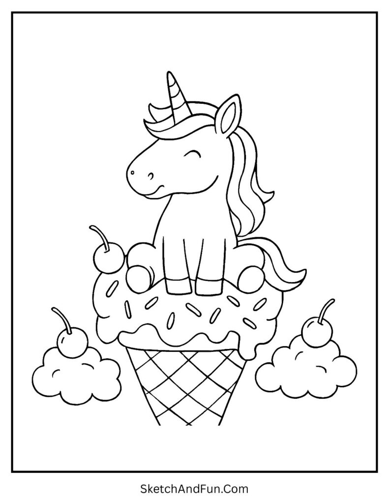 Cute unicorn coloring pages for summer with a unicorn on an ice cream cone.