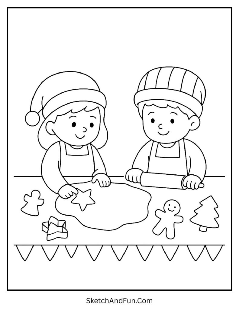 Kids roll dough for cookies, Christmas coloring pages food holiday activity.