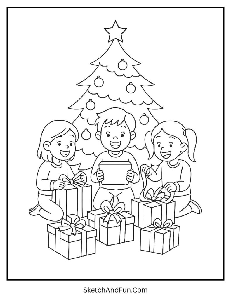 Children unwrap gifts excitedly, Merry Christmas coloring pages joyful.