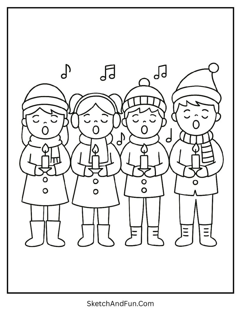Children hold candles and sing, Christmas coloring pages angels musical scene.