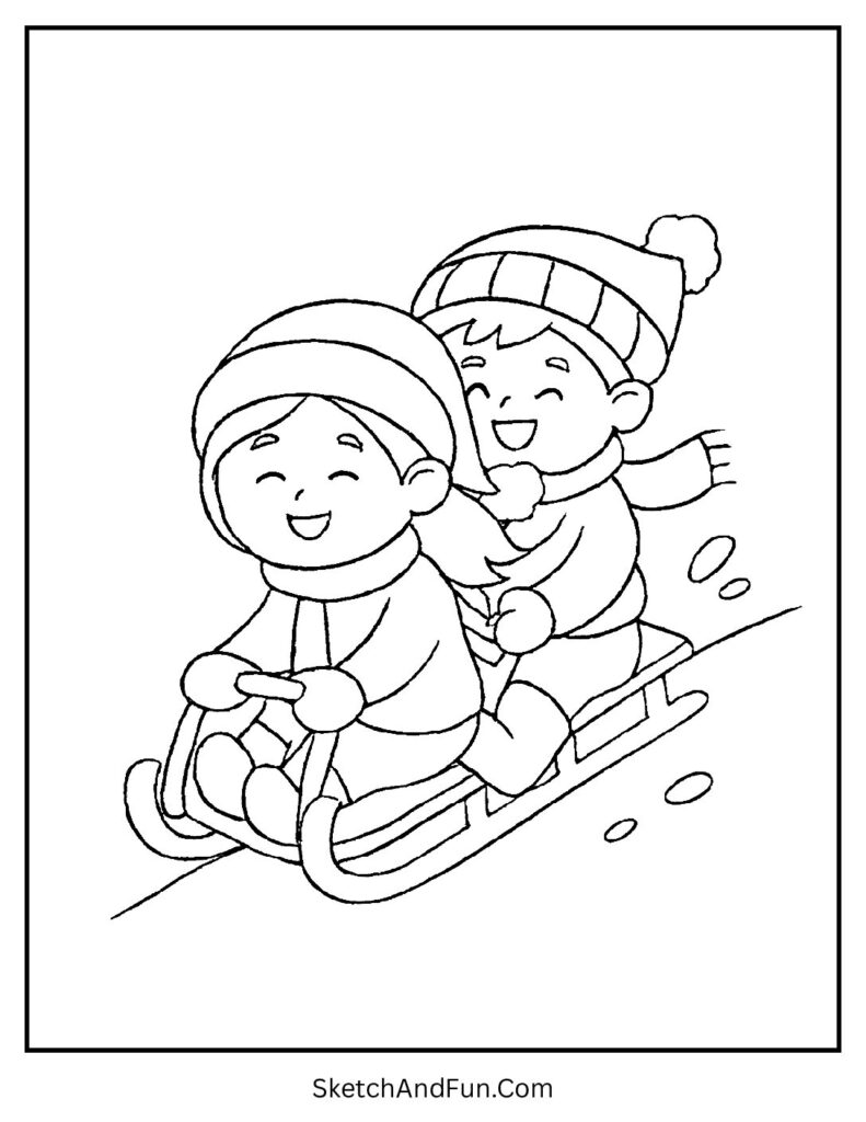 Christmas coloring sheets simple design with kids sledding downhill