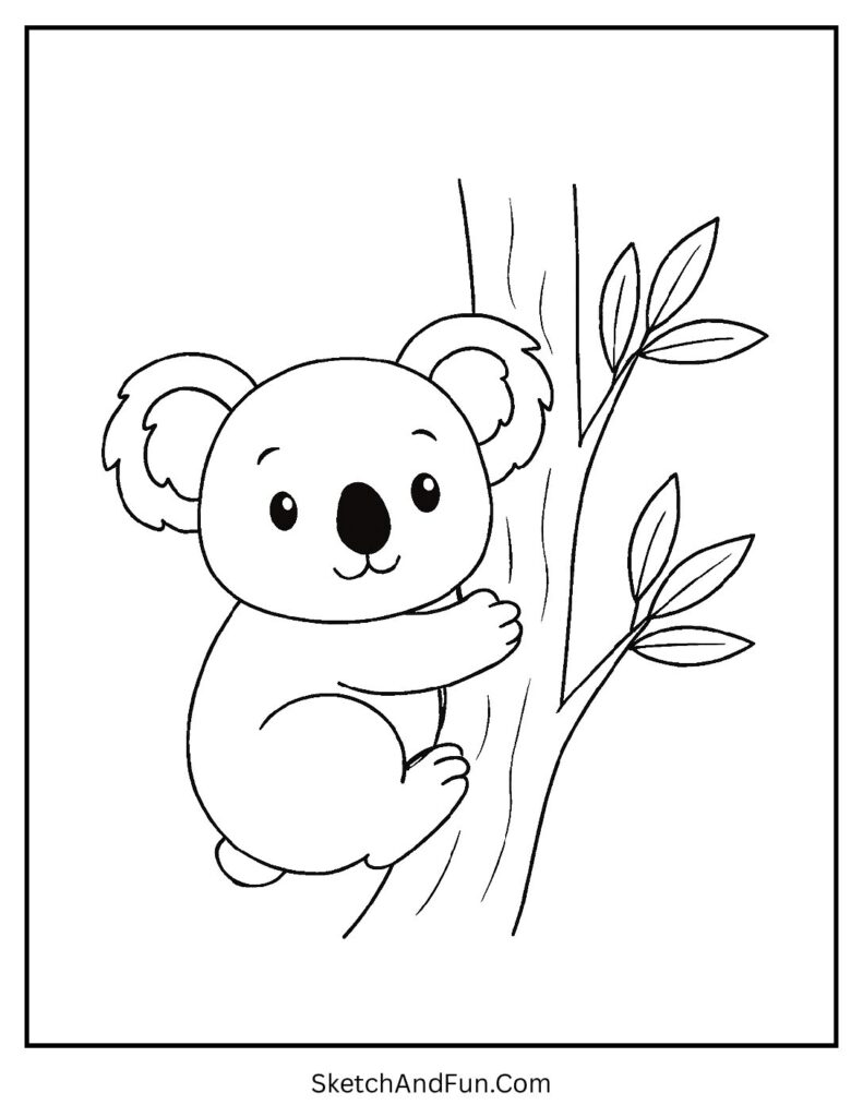 Koala hugging eucalyptus tree as easy coloring sheets free.