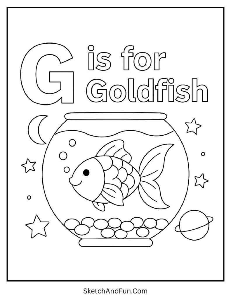 G is for Goldfish letter G sound coloring activity sheets with a goldfish in a bowl