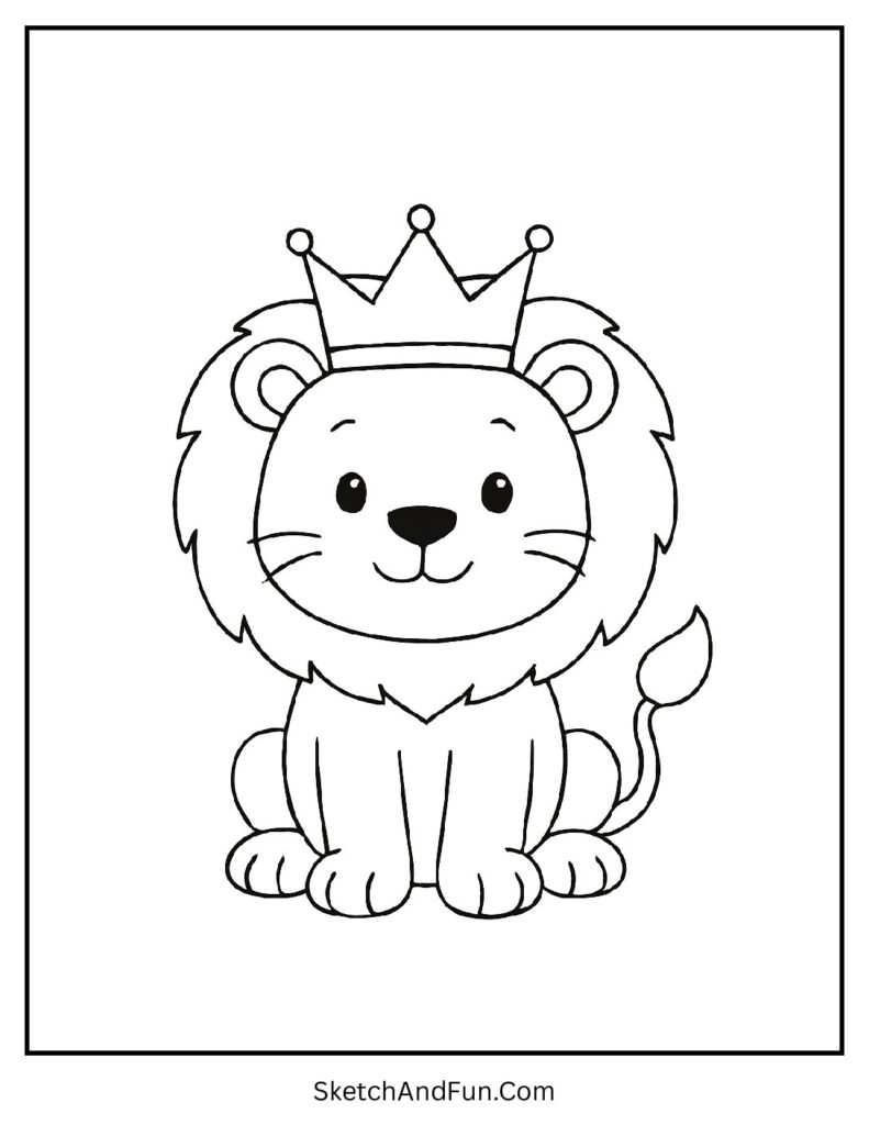 Smiling lion with a crown as easy nature coloring pages childrens.