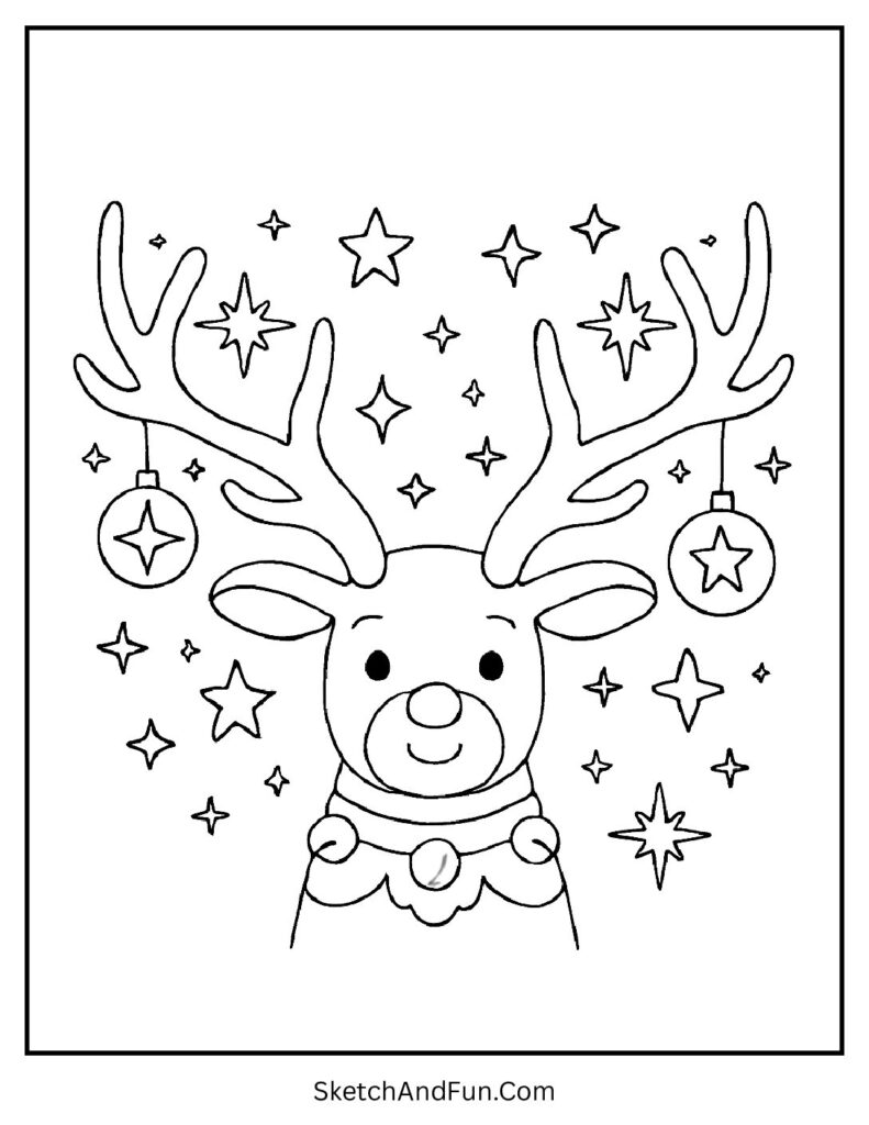 Reindeer antlers glow with stars, Christmas coloring pages lights / lanterns magical.