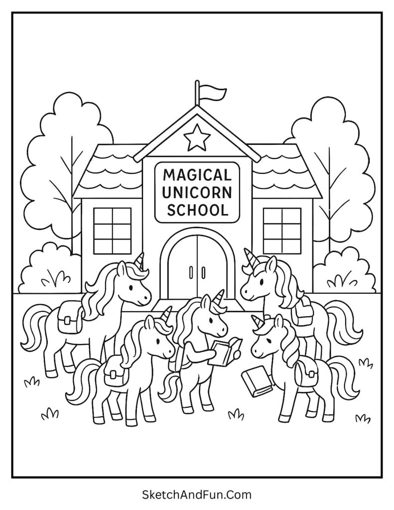 Unicorn printable for classroom fun with unicorns at a magical school.