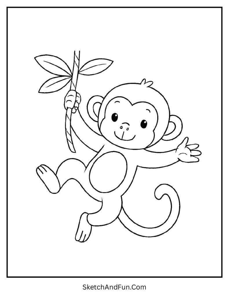 Monkey swinging on vine for easy holiday coloring pages for adults.