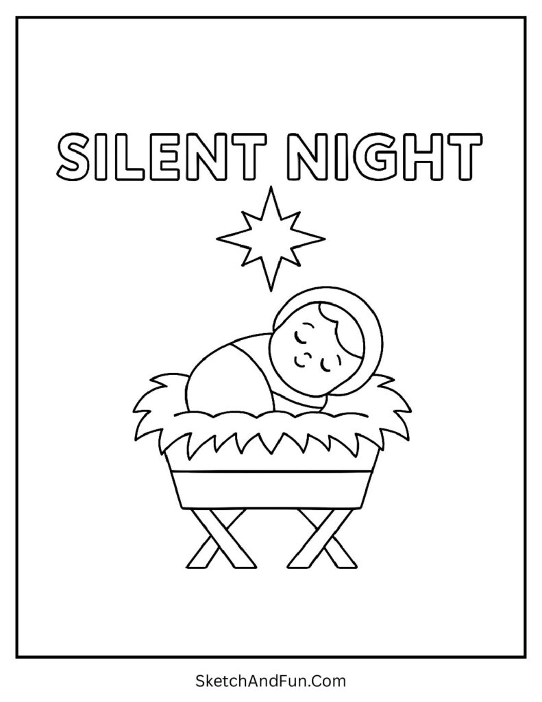 Christian Christmas coloring pages nativity scene with Silent Night text
