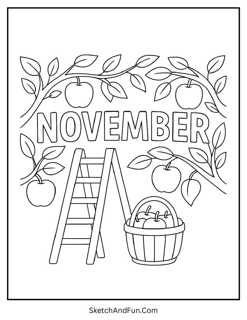 November preschool printable coloring sheets with apple orchard.