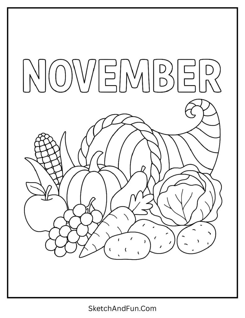 November cornucopia coloring page with fruits, vegetables, and fall harvest.