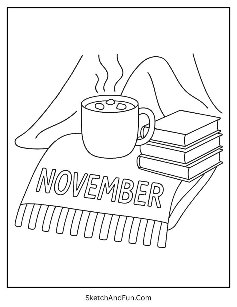 Cozy November coloring pages with books, hot cocoa, and a warm reading spot.