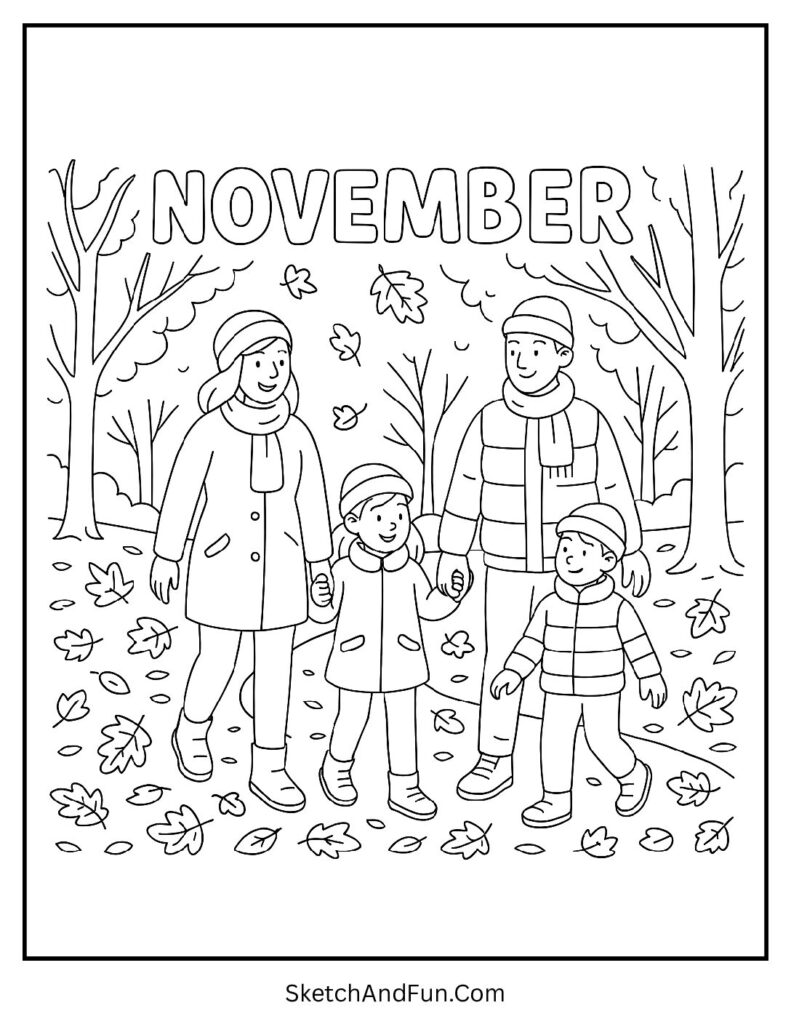 Printable November coloring calendar page with family walk and leaves.