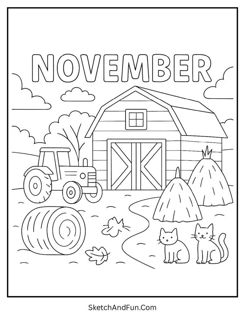 November calendar coloring page with barn, tractors, and haystacks.
