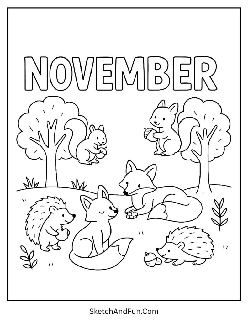 Fall November coloring pages with woodland animals under the word November.