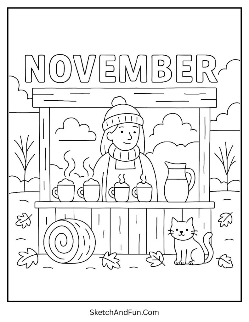 November coloring pages for toddlers with hot chocolate stand and steam.