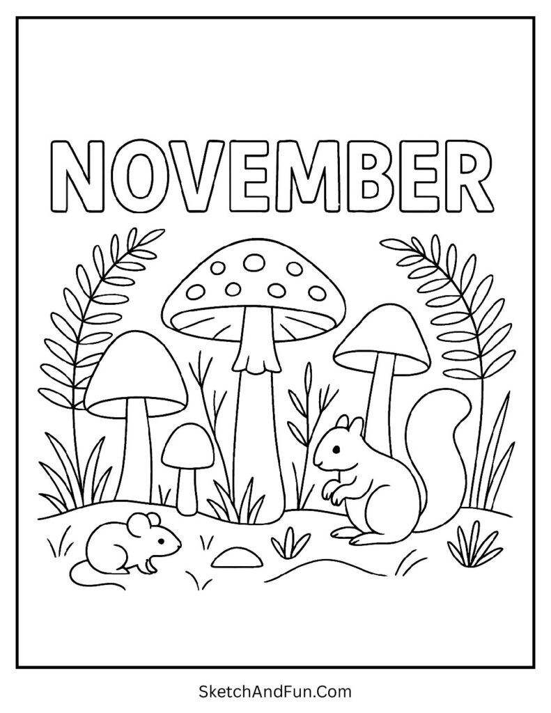 November coloring page nursery with mushrooms, ferns, and woodland critters.
