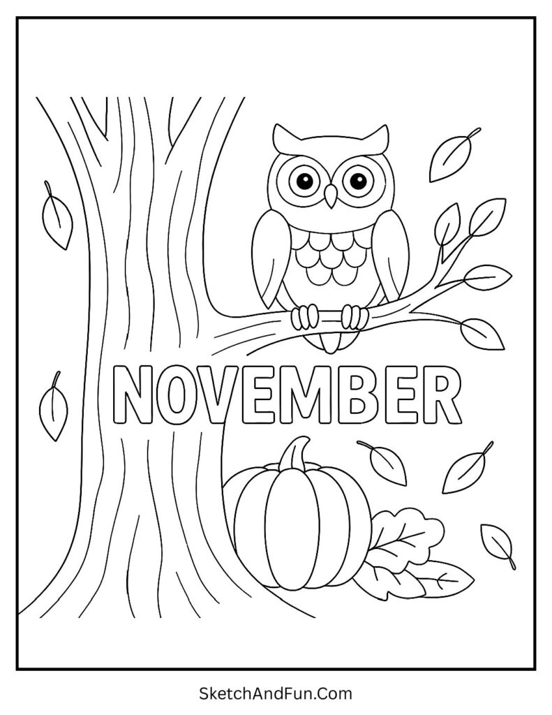 November coloring page nursery with owl perched on a tree branch.