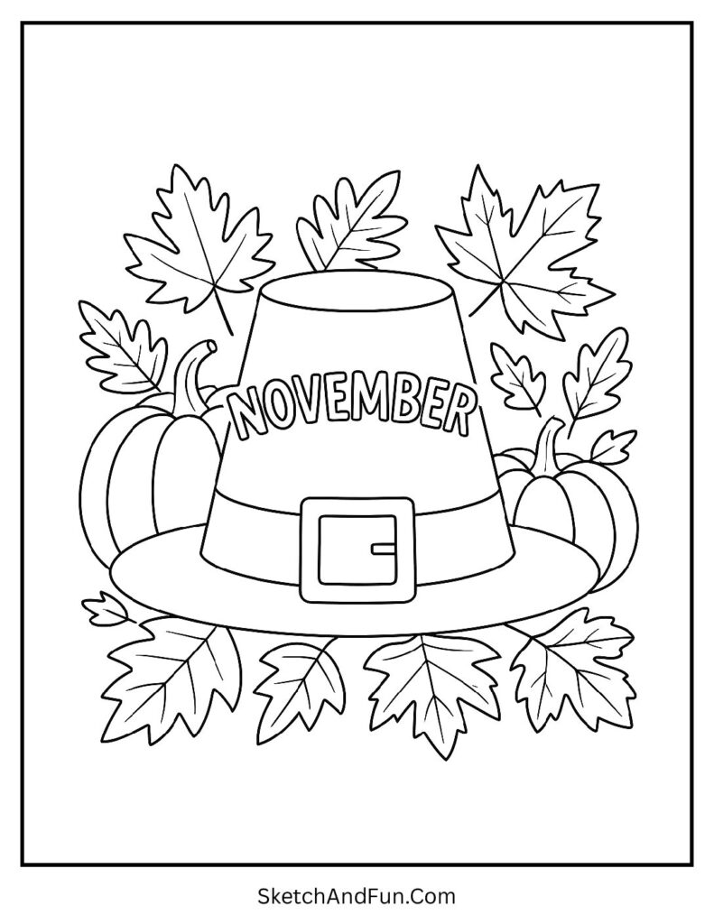 November coloring pages turkey with pilgrim hat, pumpkins, and leaves.