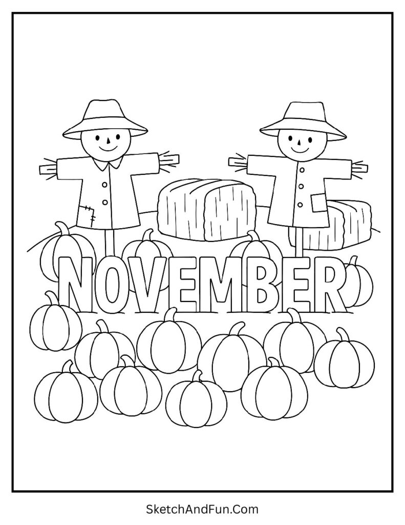Thanksgiving coloring pages November with pumpkins, hay bales, and scarecrow.