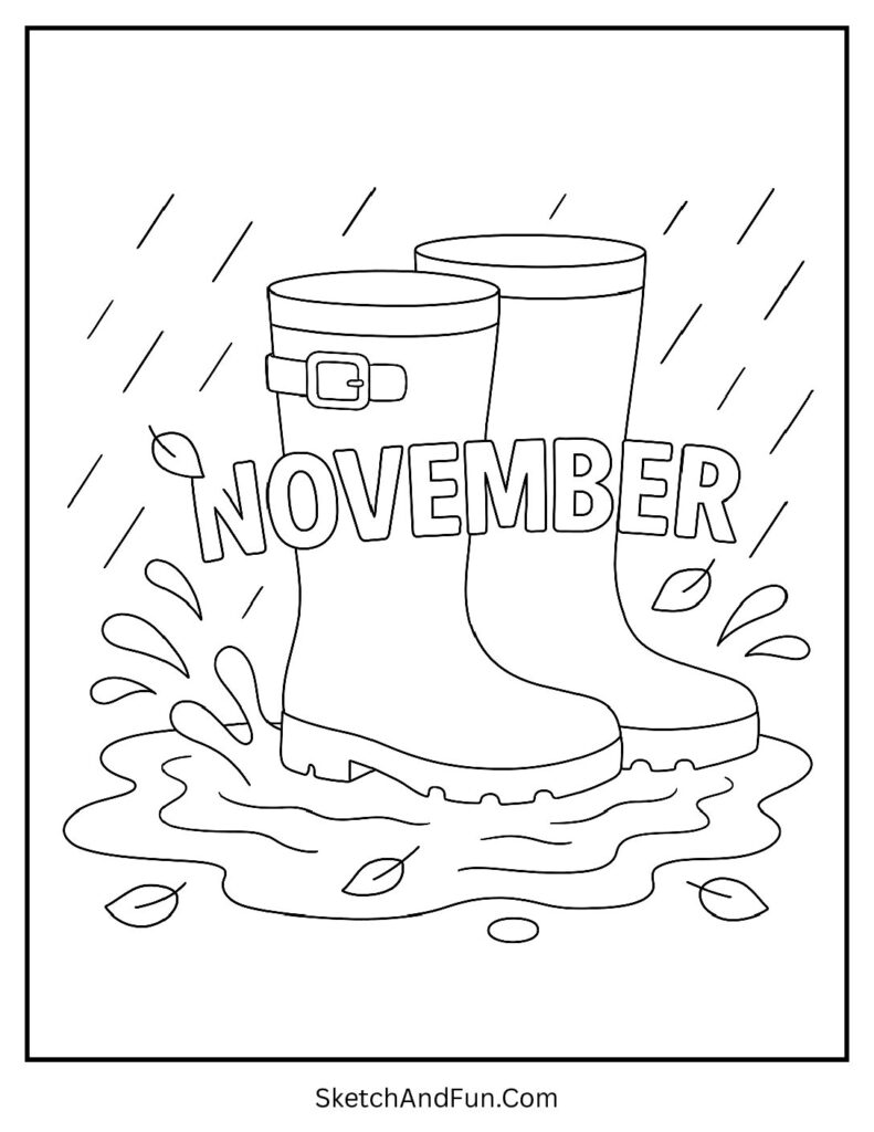 November coloring pages printable PDF free with rain boots splashing.