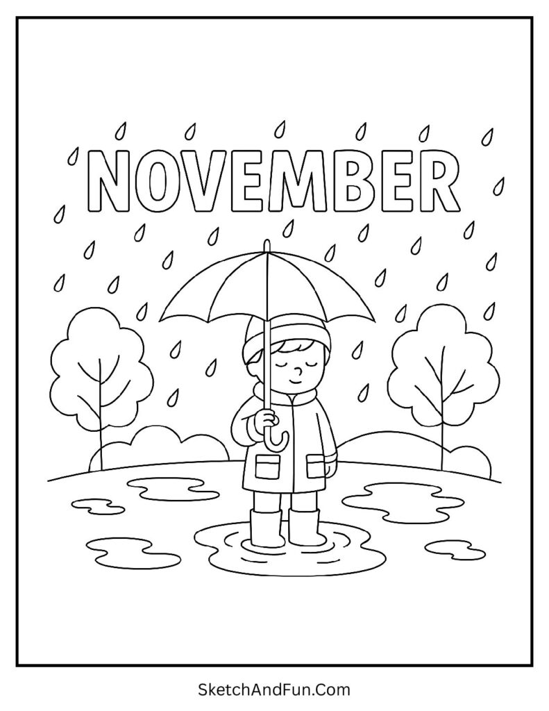 Easy November coloring pages with raindrops, umbrella, and playful autumn vibes.