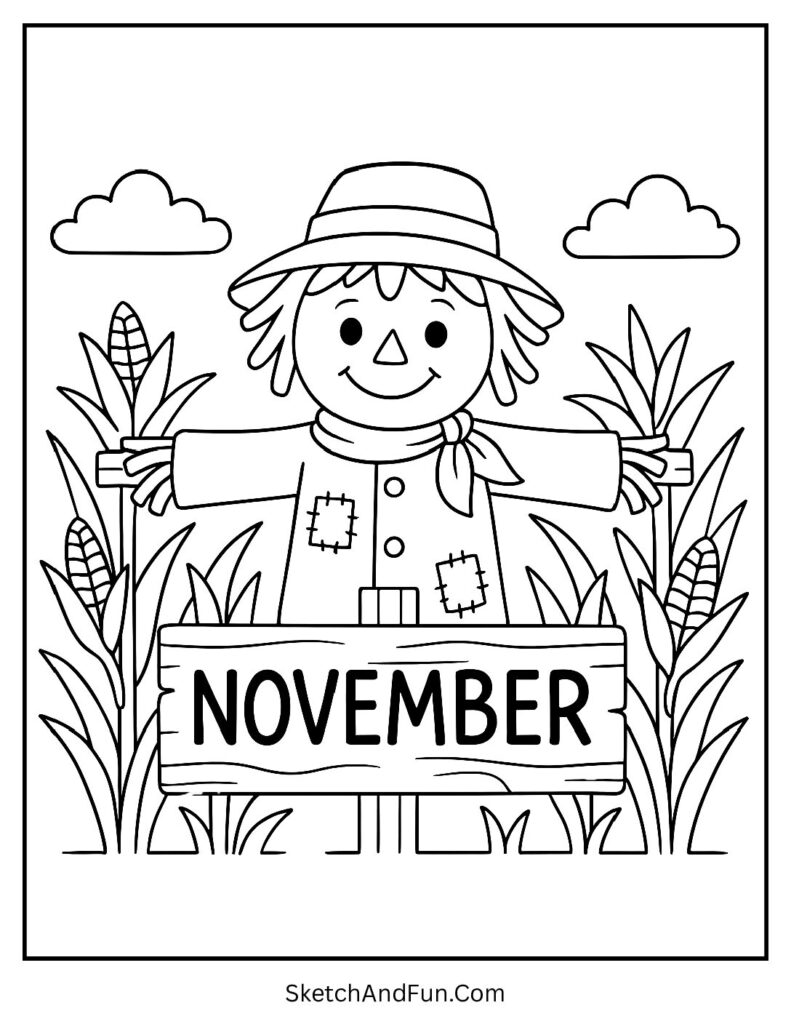 November themed coloring pages with scarecrow and cornfield setting.