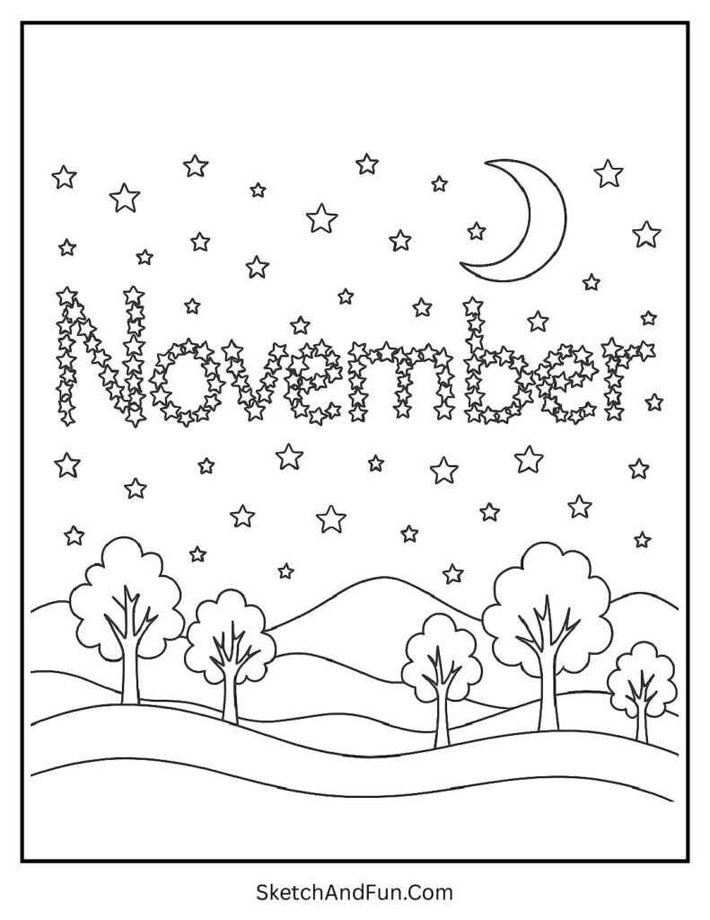 Hello November coloring page with twinkling stars and crescent moon.