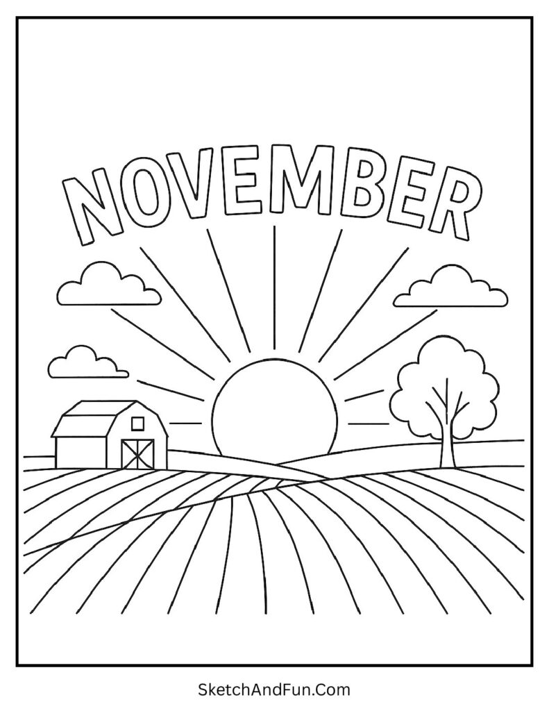 November coloring page with dates showing sunset over autumn field.