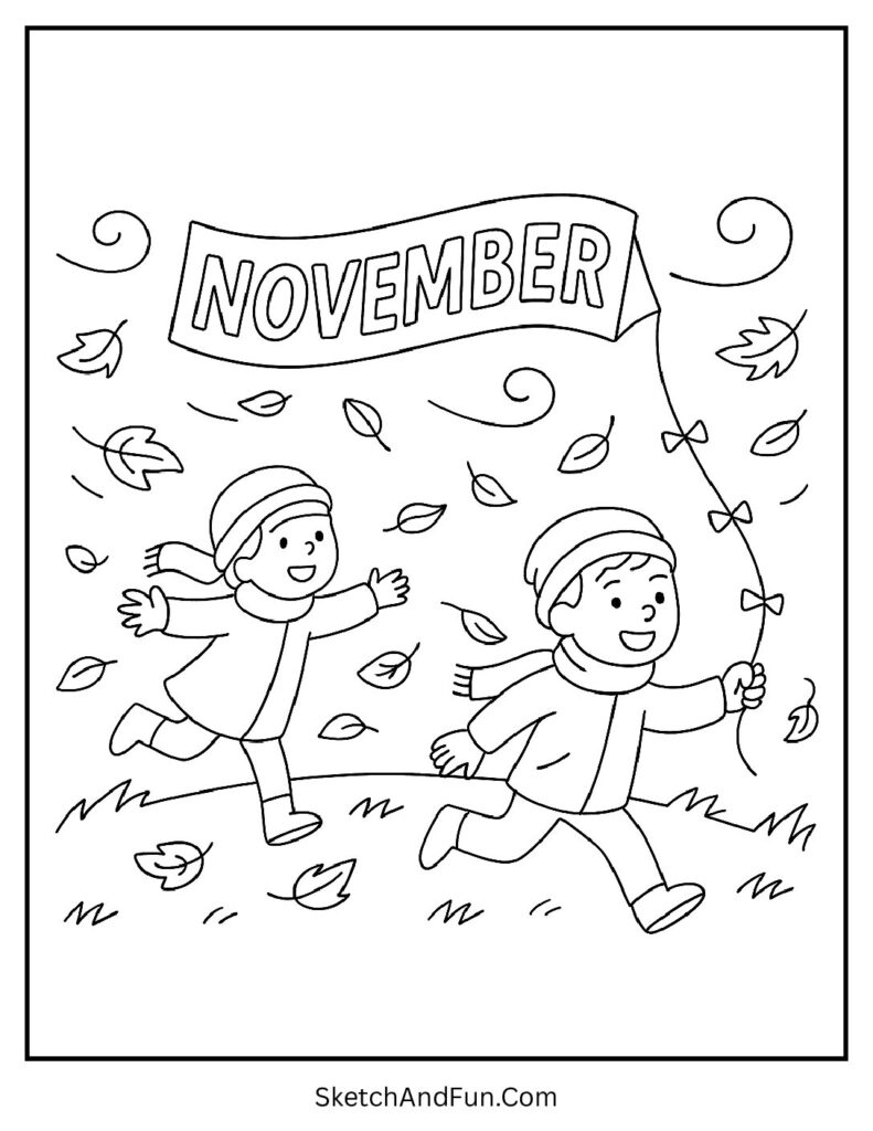 Hello fall November coloring sheet with children playing in the windy field.