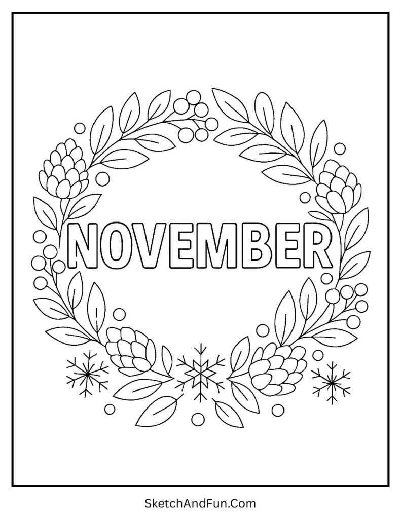 November word coloring sheet with wreath of pinecones and berries.