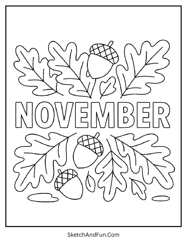 November coloring pages acorns and leaves with oak branches wrapping November.