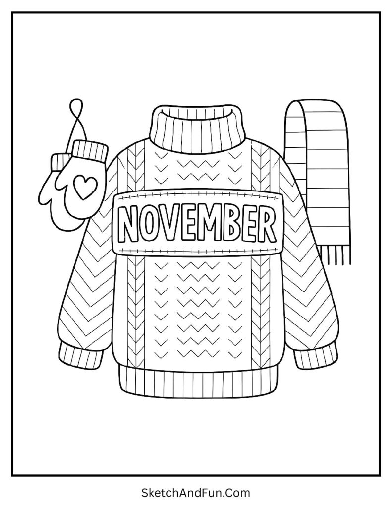 Cozy November coloring pages with sweater, scarves, and mittens for fall fun.