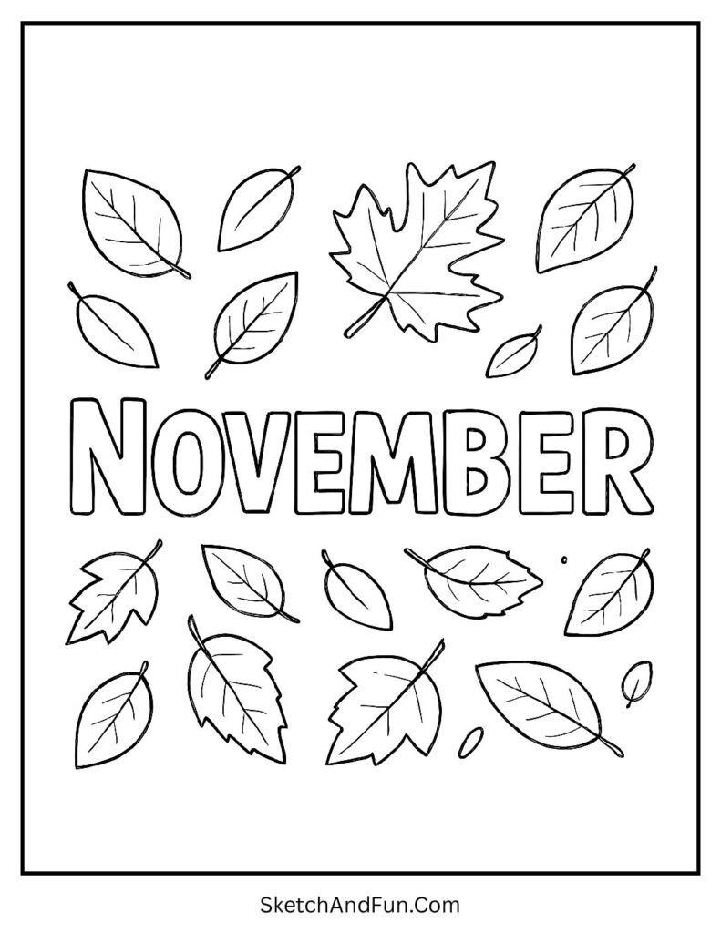 November coloring pages leaves and pumpkins with swirling autumn leaves for kids.