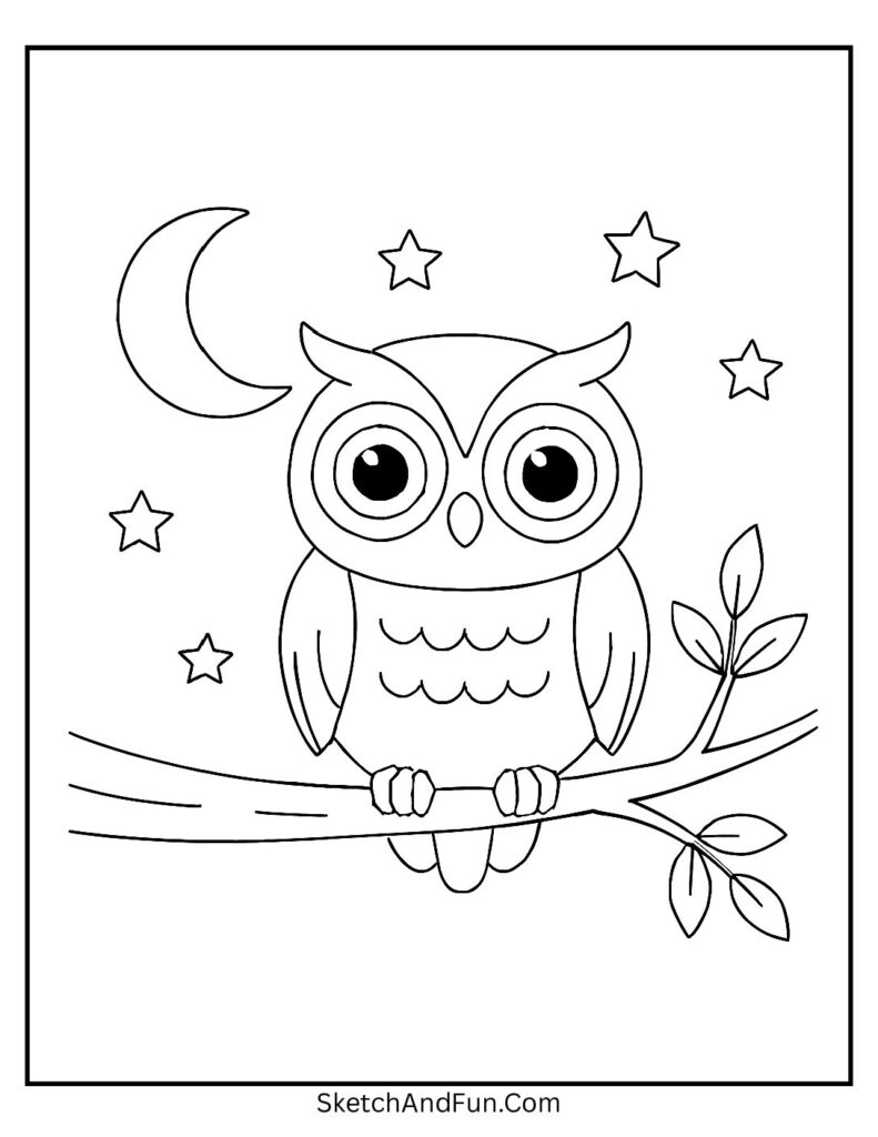 Big-eyed owl sitting on a branch as printable easy coloring pages animals.