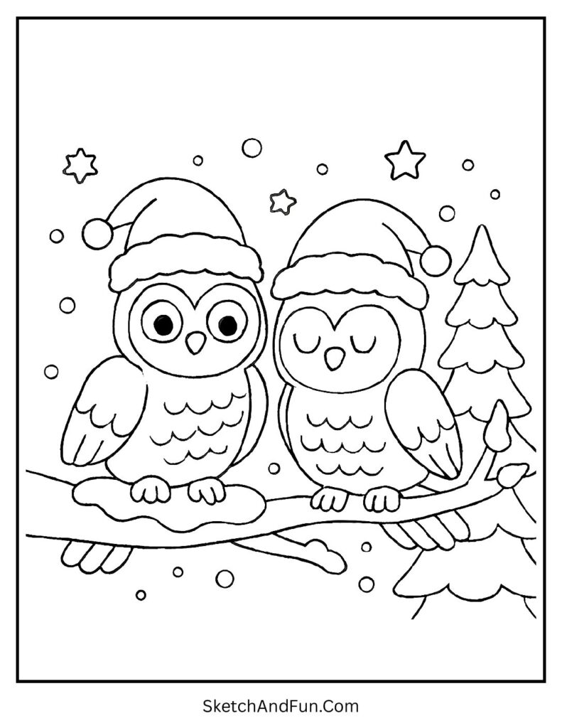 Christmas coloring sheets free PDF owls wearing Santa hats