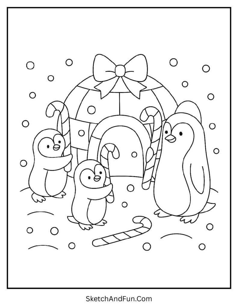 Penguins add candy canes to igloo, Christmas coloring pages winter animals fun.